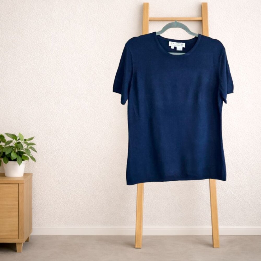 Saks Fifth Avenue “Real Clothes” Navy Cashmere Silk Sweater Large — Short Sleeve